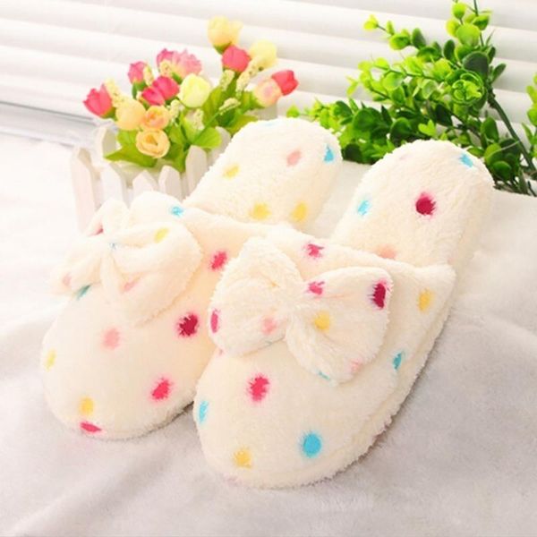 

autumn winter plush slippers women indoor home cotton cute polka dots bow knot mules ladies soft fur slides pink blue, Black
