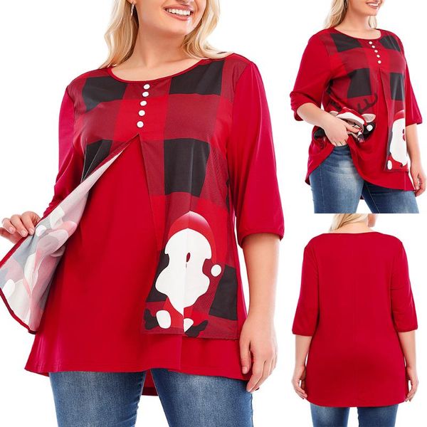 

plus size t-shirt women christmas party classic plaid elk snowman print slit shirt laidies buttons long sleeve loose blouse clothes, Black
