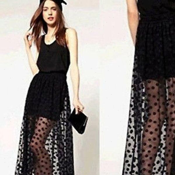 

women skirt mesh dot skirts summer high waist two fake piece see through black maxi tulle lace long