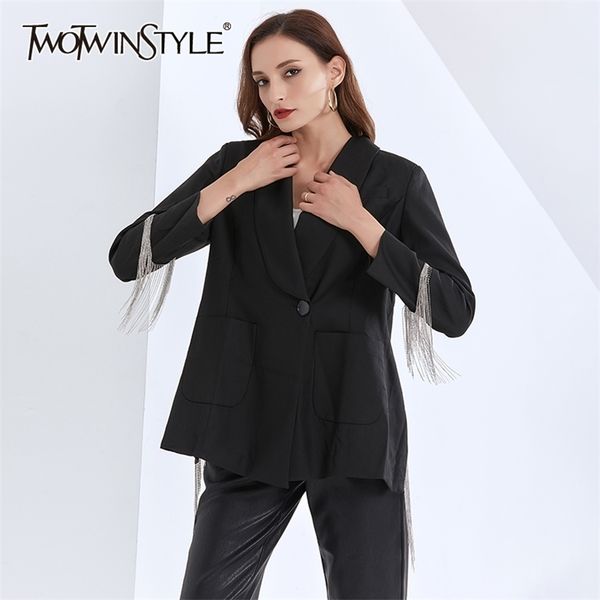 

black patchwork tassel blazer for women notched long sleeve back split casual blazers female fashion clothing 210524, White;black