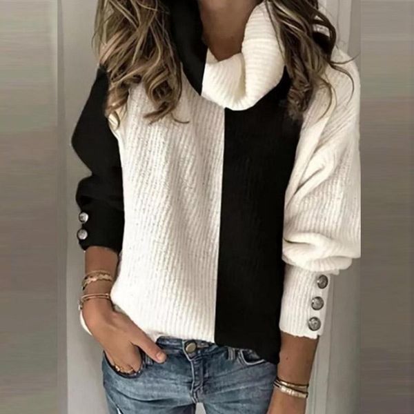 

women's sweaters woman knitted leopard patchwork turtleneck jumpers long lantern sleeve loose blusa de frio feminina, White;black