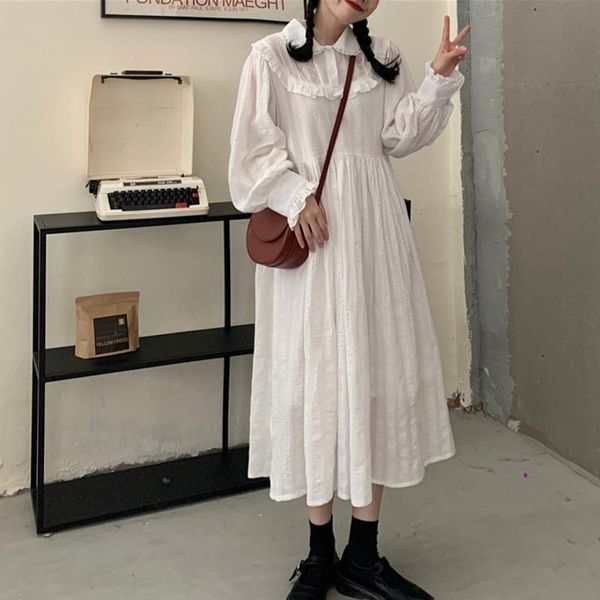 

casual dresses [ewq] 2021 spring female loose pater pan collar single breasted long lantern sleeve ruffles lace up over knee dress 8y835, Black;gray