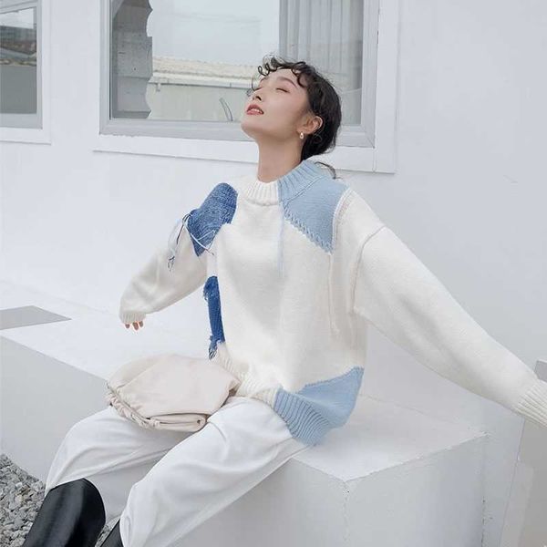 

women's knits & tees japanese fashion women sweater pullover white loose knitted jumper color block winter c1a2