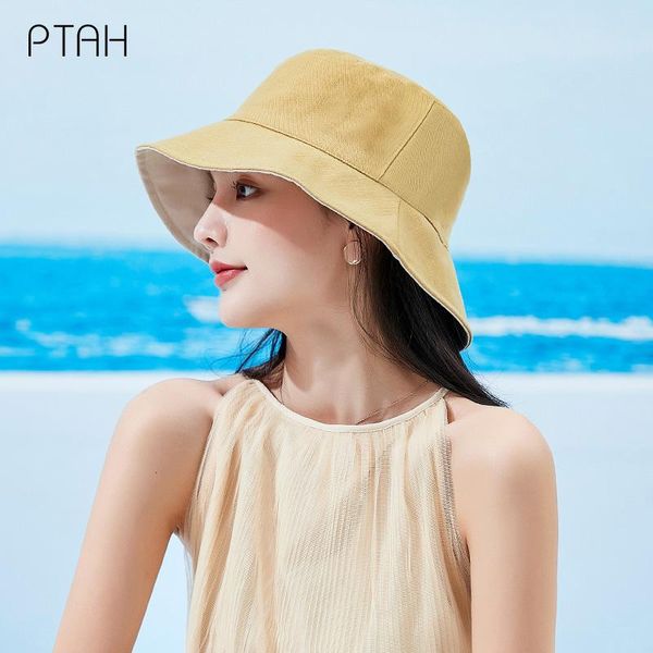 

wide brim hats [ptah] fashion women cloth hat anti-uv breathable comfort foldable casual double-sided wearable cap female higt guality, Blue;gray