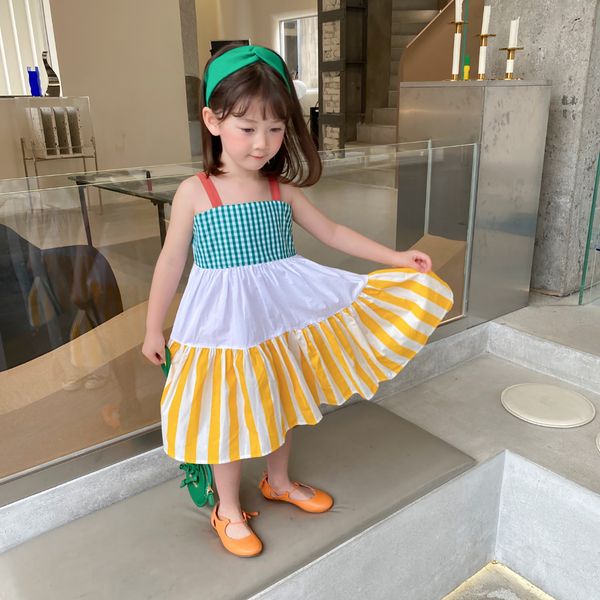 

2021 childrens summer good quality new selling korean version cotton stitching layered cake sling sleeveless dress, Red;yellow