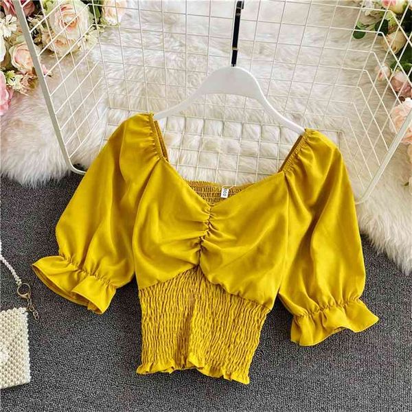 

summer blouse v-neck short-sleeved pullover shirt female wild puff sleeve solid color high-waist short c003 210506, White