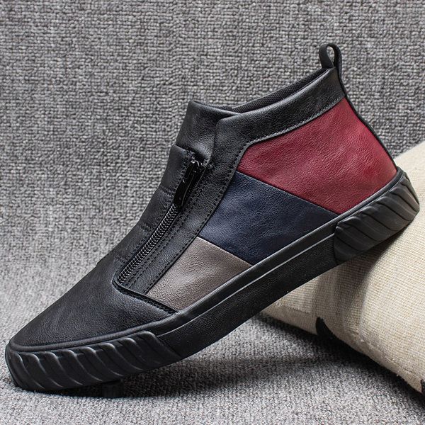 

2021 men leather casual shoes spring autumn new fashion street cool patchwork double zippers trend flat shoes loafers, Black