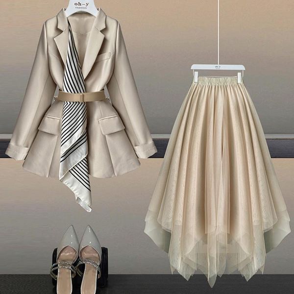 

two piece dress skirt suit women's spring autumn 2021 set high waist pleated tutu & fashion korean blazer with belt clothes, White