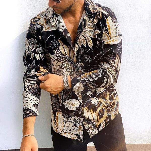 

men's casual shirts autumn men vintage pattern printing long sleeve turn down collar mens spring fashion slim buttons streetwear, White;black