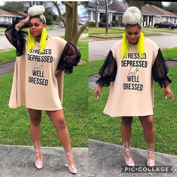 

casual dresses ahvit style lace mesh patchwork letter printed women dress round collar long lantern sleeve loose nightclub yz-a822, Black;gray