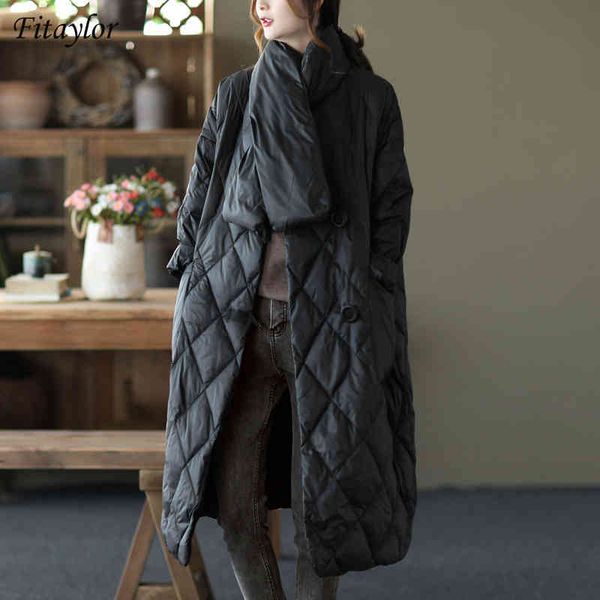 

fitaylor 2021 women's 90% white down et loose parker winter coat v-neck pocket large diamond light warm clothing, Black