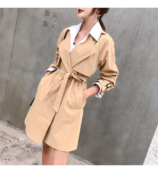 

women's trench coats korean spring coat women 2021 casual fashion khaki sashes light unlined long shirt windbreaker drop, Tan;black