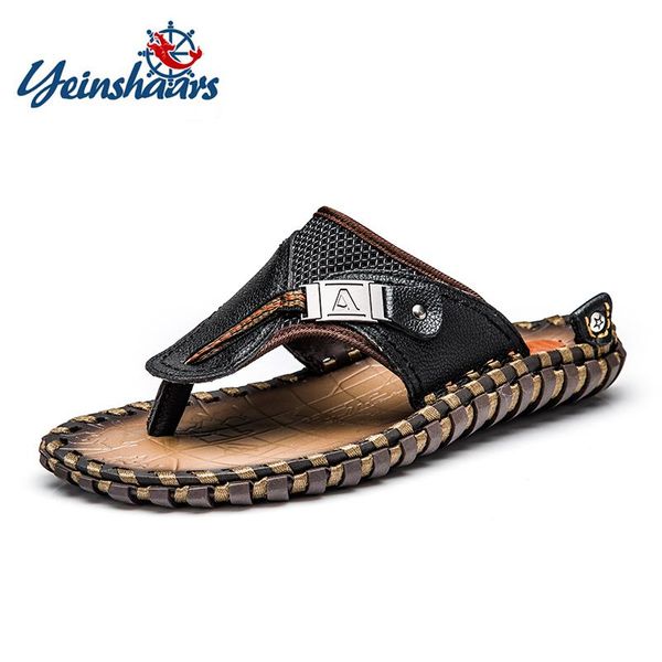 

slippers yeinshaars genuine leather men beach shoes flip flops 2021 summer flat heels male slides luxury plus size 37-48, Black