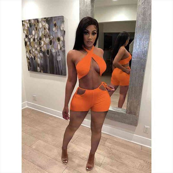 

2 piece suit summer womens tracksuits sweatsuits off shoulder halter tank tube crop bandage hollow out biker shorts clubwear, Gray