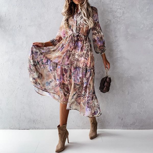 

casual dresses 2021 autumn long print shirt dress women vintage chiffon maxi ruffle single breasted elegant sleeve flower party robe, Black;gray