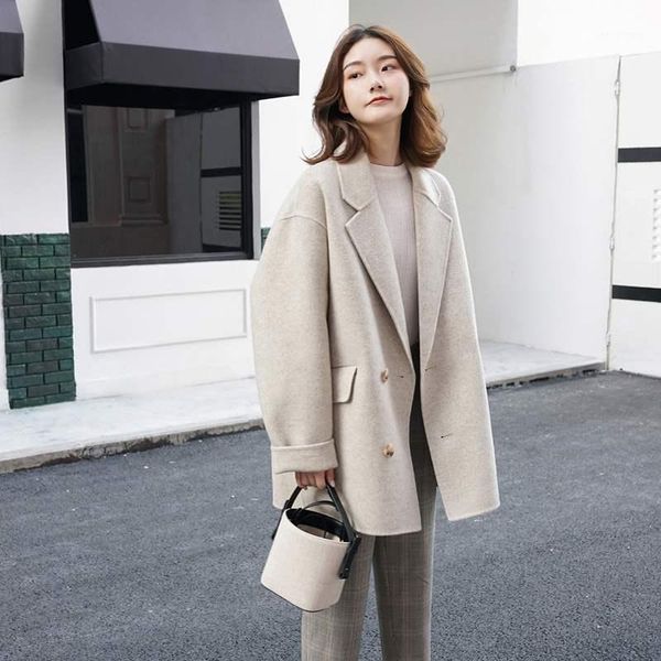 

fashion women long sleeve cardigan casual wool blends trench coat winter korea style solid women's &, Black