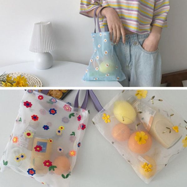 

shopping bags 3d embroidered portable bag beach wind translucent mesh reusable fruit storage handbag foldable