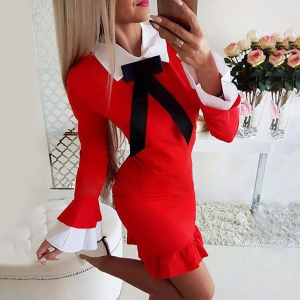 

casual dresses christmas bodycon mini dress spring fall flare long sleeve for women ruffle daily red office ladies d30, Black;gray