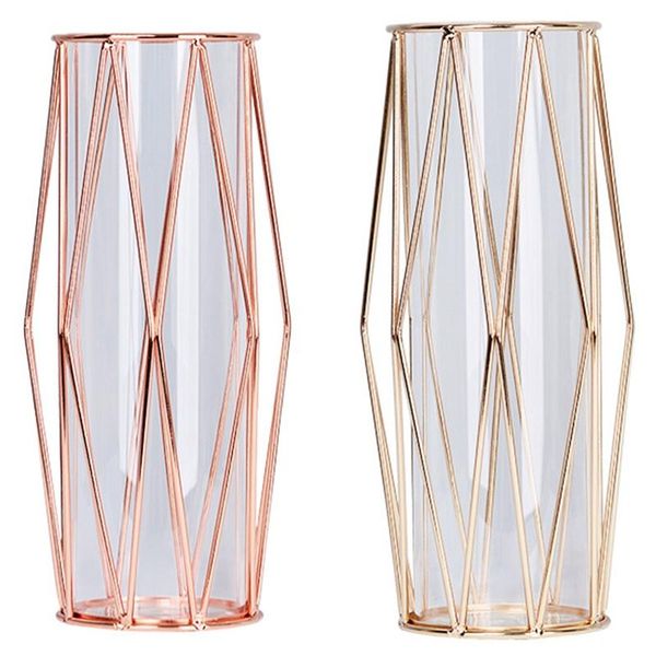 

vases geometric glass vase with metal bracket, crystal transparent inner vase, hand-plated