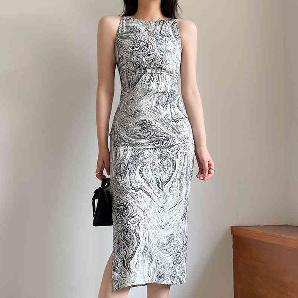 

casual dresses french retro sleeveless printing women's wear, Black;gray