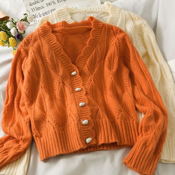 

women's knits & tees zcwxm 2021 spring/autumn women hollow out thin single breasted cardigan long sleeve solid color wave edge sweater, White