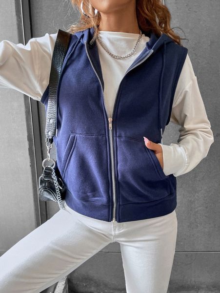 

kangaroo pocket drawstring zipper thermal vest hoodie 75lg#, White;black