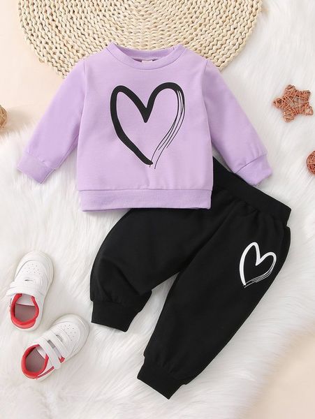 

baby heart print sweatshirt & sweatpants she, White
