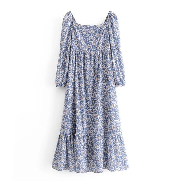 

casual dresses women spring fashion floral print high waist blue long es female vintage square collar sleeve chiffon e36n, Black;gray