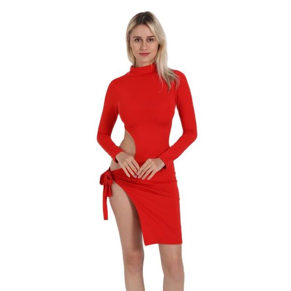 

casual dresses spring autumn women dress long sleeve bodycon soild slim package hip mini hollow out bandage side split streetwear, Black;gray