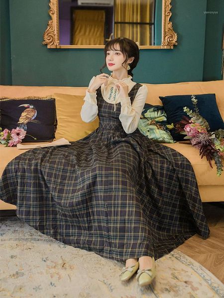 

casual dresses vintage mori girl plaid dress england british preppy style embroidery long sleeve plus size women boho vestidos casuales, Black;gray
