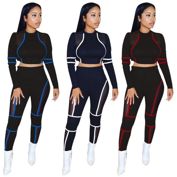 

two piece dress women 2 pieces set sportswear mesh patchwork pinstripe elastic crop long sleeve chic tracksuit outwear modern lady clot, White