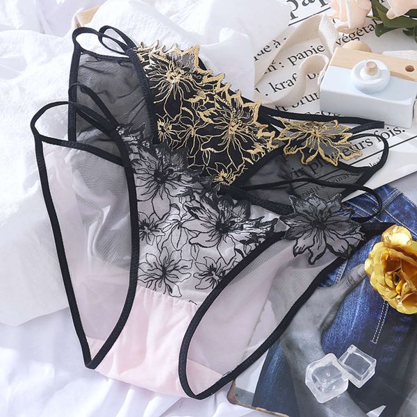 

lace embroidered underwear flower mesh transparent hollow alluring low waist women's briefs, Black;pink