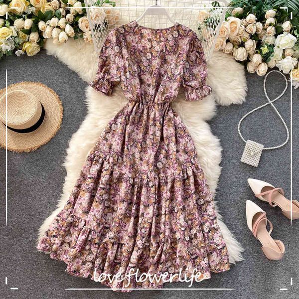 

loveflowerlife floral robe femme v neck summer women dress korean style a-line long dresses retro vestidos elegant 210521, Black;gray