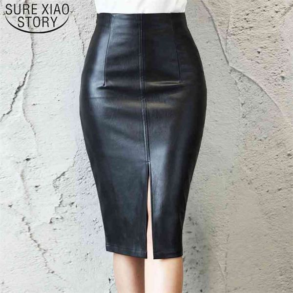 Fashion Plus Size Nero 5xl Gonne Faldas Mujer Donna PU Leather Midi Autunno Ladies Solid Pencil 7644 50 210506