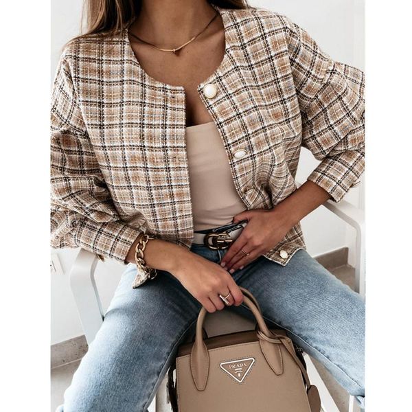 

women's jackets 2021 spring long-sleeved wild short plaid casual fashion design jacket, Black;brown