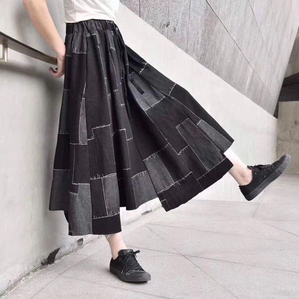 

skirts 2021 retro fashion hip-hop style neutral denim splicing plaid japanese asymmetrical long skirt modis jeans for womens, Black