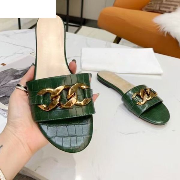 

sandals crocodile pattern leather flat beach slippers women gold chain decor leisure summer seaside vacation shoes lazy slides mkl, Black