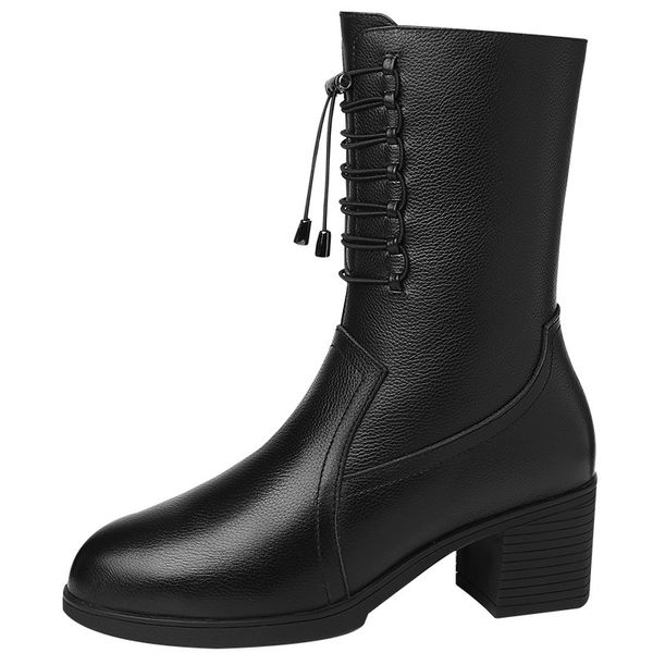 

boots fashion women shoes martin mid calf slim british style winter warm plush genuine leather lace up big size m0039 ztdv, Black