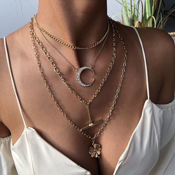

n7550 necklace fashion retro diamond inlaid moon alloy flower multi layer pendant, Silver