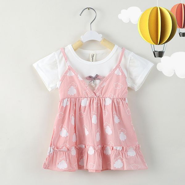 

summer short-sleeved girl dress children's stitching suit baby cute cloud printing casual 210515, Red;yellow