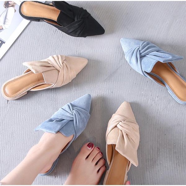 

slippers drop women flock bowtie female mules fashion low heels shoes pointed toe ladies plus size elegant woman slipper, Black