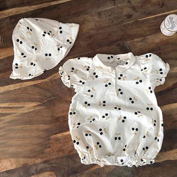

baby girls clothes summer sunsuit cherry print princess rompers+hat 2pcs set infant outfit jumpsuit 210429, Blue