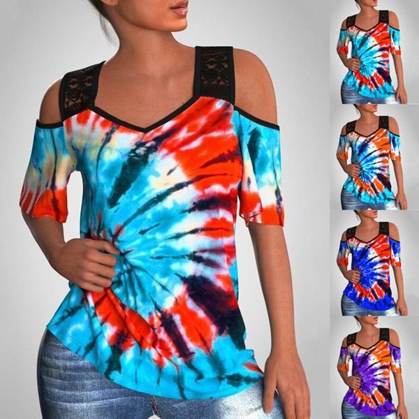 

women's t-shirt 2021 summer t shirt vintage tie-dye floral lace 3d printed colorful short sleeve strapless, White