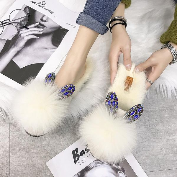 

slippers korean home fur flat outside wear ears half slipper warm cotton lady cute plush hair fluffy sandals, Black
