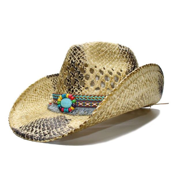 

cloches luckylianji women's men's summer straw beach cowboy western cowgirl fedora hat hollow tassel turquoise bead band (adjusted, Blue;gray