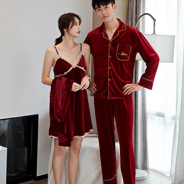 

velour women robe sets men trousers pajama suit gold velvet couple pyjamas wedding morning gown home service, Black;red