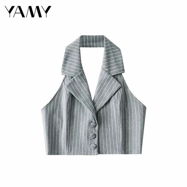 

summer latest french retro striped lapel short vest female sleeveless backless slim single breasted suit 210909, Black;white