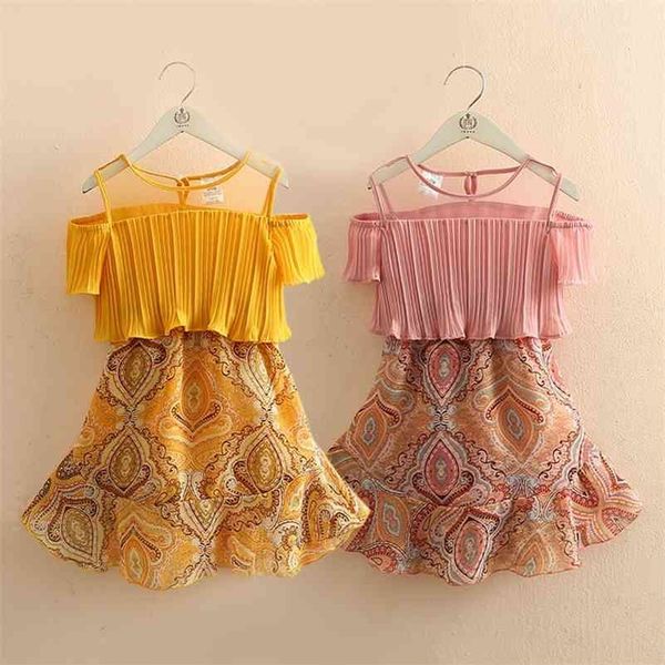 

summer 2-12 years teenager children ethnic print wrap off shoulder little kids strapless beach chiffon dress for baby girls 210701, Red;yellow