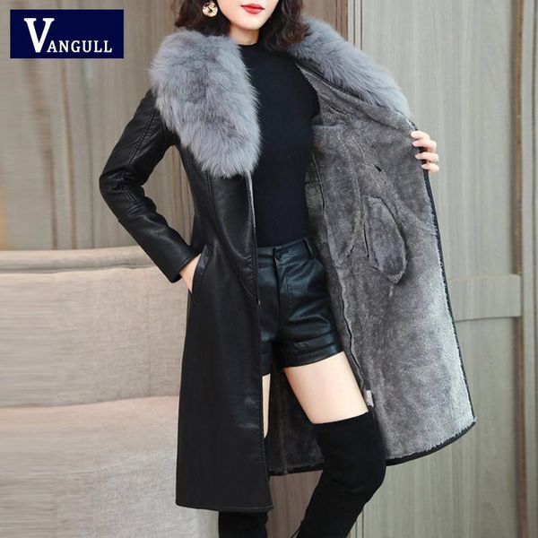 

vangull women's leather jacket for winter 2021 plus velvet warm slim big fur collar long coat female outerwear m-4xl & faux, Black