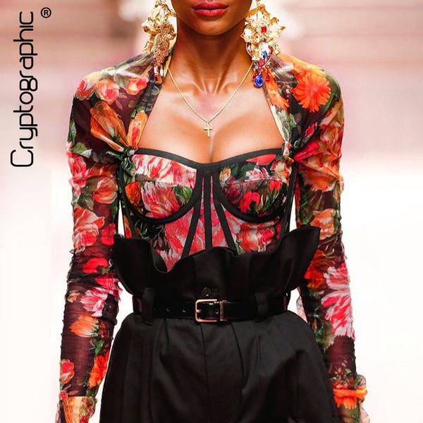 

cryptographic baless fashion floral print blouses women shirt short square collar cropped slim streetwear, Black;white